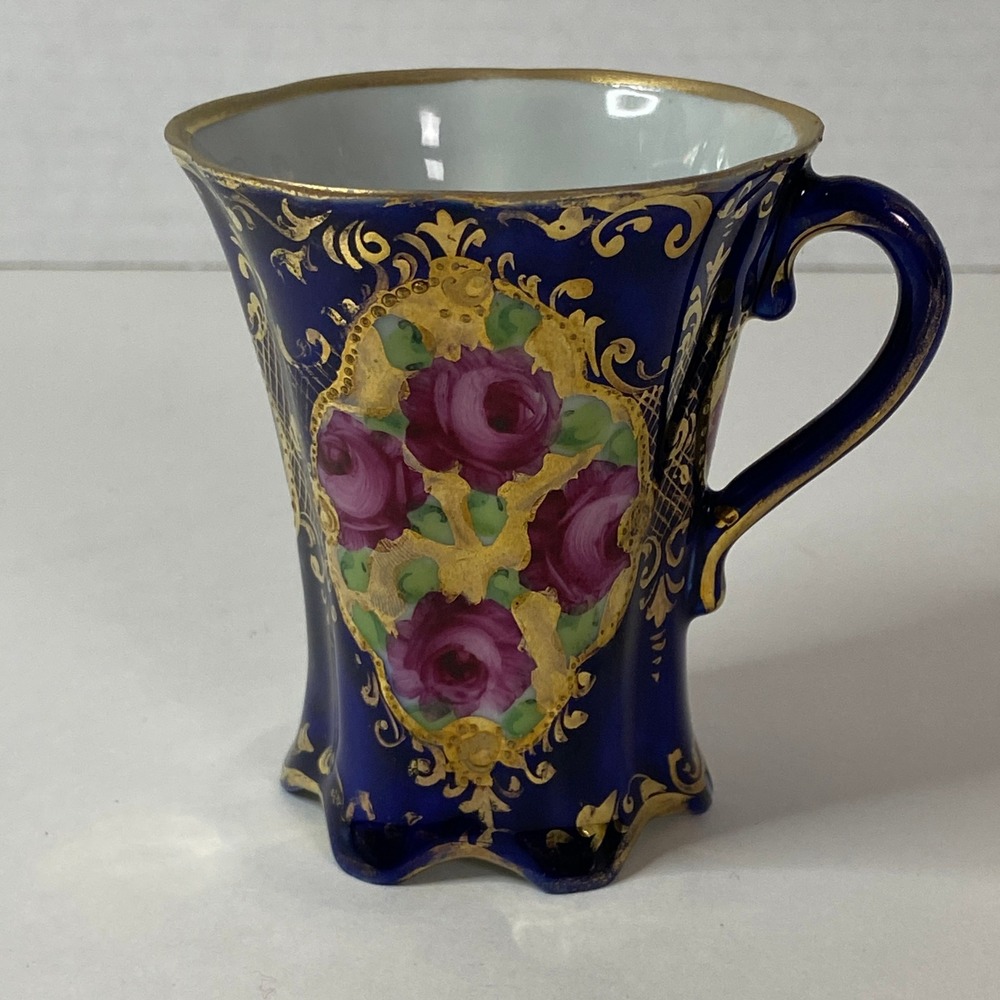Antique Cobalt Blue Porcelain Tea Cup Gold Gilt Rose Medallion Scalloped Rim